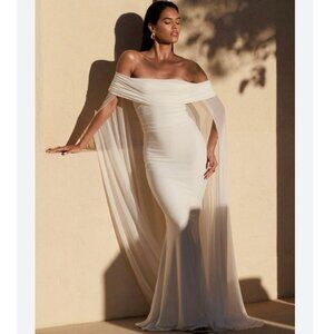 NWT Club L London Carlotta White Bardot Maxi Dress With Chiffon Cape Size 4